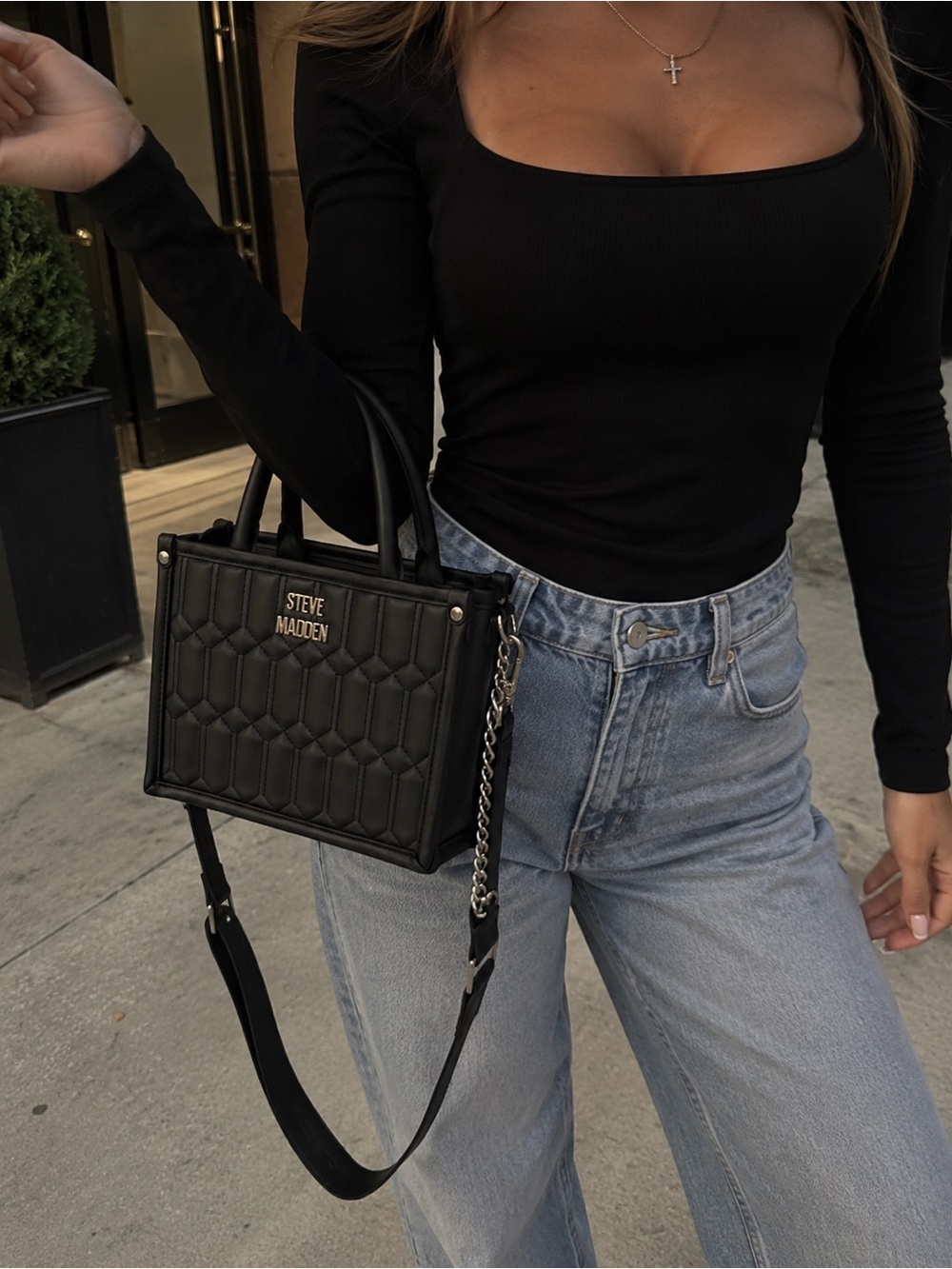 Steve Madden Quilted Black Mini Satchel with Detachable Strap